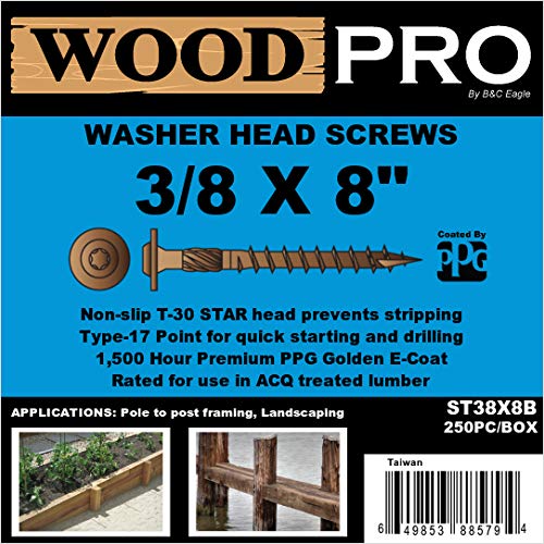WoodPro Fasteners ST38X8B 3/8-Inch by 8-Inch Length Round Washer Head Exterior Wood Screws, 250-Pack