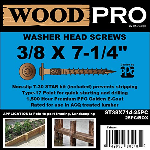 WoodPro Fasteners ST38X714-25PC 3/8-Inch by 7-1/4-Inch Length Round Washer Head Exterior Wood Screws, 25-Pack