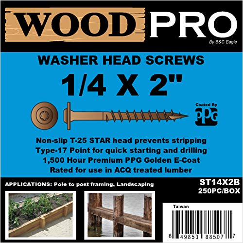 WoodPro Fasteners ST14X2B 1/4-Inch by 2-Inch Length Round Washer Head Exterior Wood Screws, 250-Pack