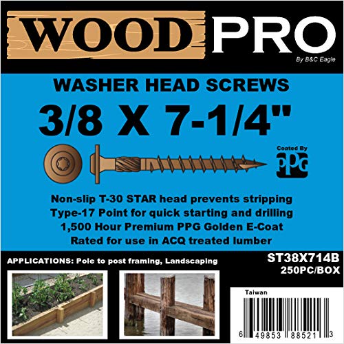 WoodPro Fasteners ST38X714B 3/8-Inch by 7-1/4-Inch Length Round Washer Head Exterior Wood Screws, 250-Pack