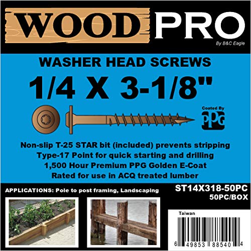 WoodPro Fasteners ST14X318-50PC 1/4-Inch by 3-1/8-Inch Length Round Washer Head Exterior Wood Screws, 50-Pack