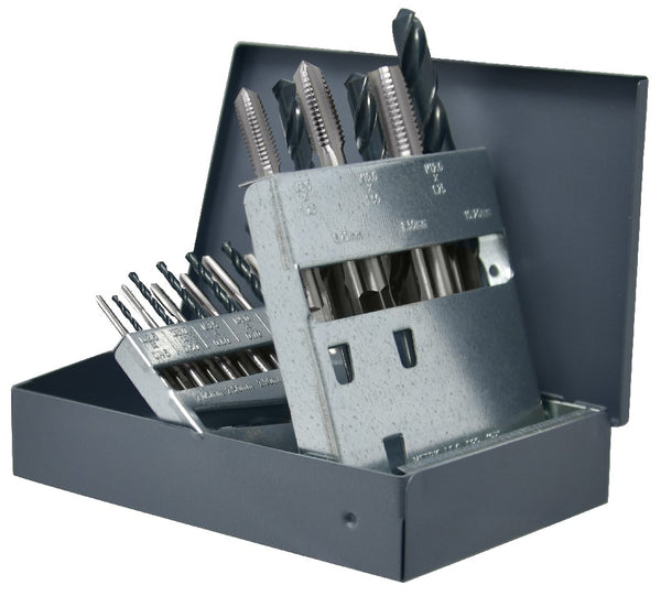 Chicago Latrobe HM18 High-Speed Steel Jobber Length Drill Bit and Tap Set with Metal Case, Black Oxide Drill Bits/Uncoated Taps, Metric, 18-piece, Metric Drill Bit Sizes, M2.5 to M12 Tap Sizes
