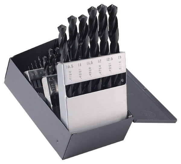Chicago Latrobe 150 Series High-Speed Steel Jobber Length Drill Bit Set with Metal Case, Black Oxide Finish, 118 Degree Conventional Point, 1.0mm - 13.0mm in 0.5mm increments, 25 Piece Set