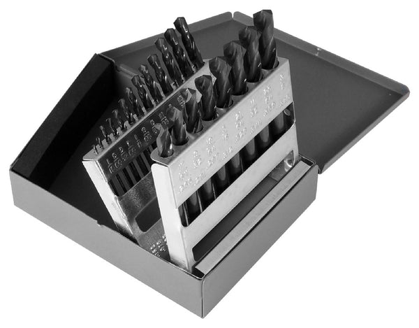 Chicago Latrobe 159 Series High-Speed Steel Short Length Drill Bit Set In Metal Case, Black Oxide Finish, 135 Degree Split Point, Inch, 21-piece, 1/16 in. - 3/8 in. in 1/64 in. increments
