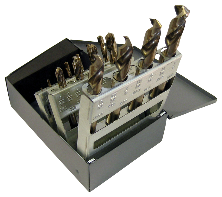 Chicago Latrobe 559 Series Cobalt Steel Short Length Drill Bit Set In Metal Case, Gold Oxide Finish, 135 Degree Split Point, 1/16"- 1/2" in 1/32" increments, 15 Piece Set