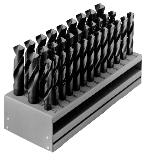 Chicago Latrobe 190 Series High-Speed Steel Reduced Shank Drill Bit Set With Metal Stand, Black Oxide Finish, 118 Degree Conventional Point, Round Shank, 1/2" - 1" in 1/64" increments, 33 Piece Set