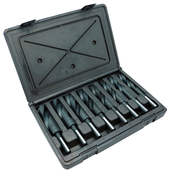 Chicago Latrobe 190F Series High-Speed Steel Reduced-Shank Drill Bit Set With Plastic Case, Black Oxide Finish, Flatted Shank, 118 Degree Split Point, 9/16" - 1" in 1/16" increments, 8 Piece Set