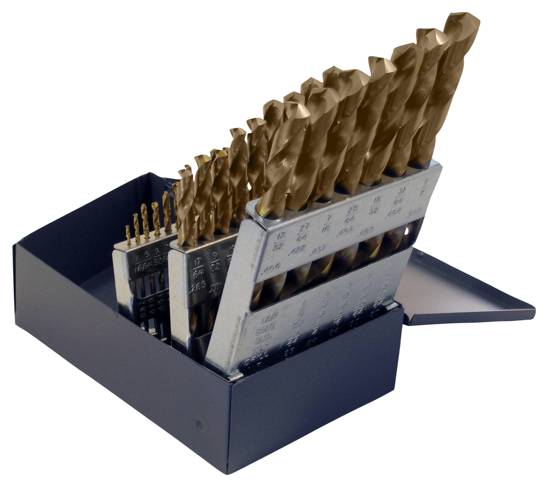 Chicago Latrobe 69870 2550 Series Cobalt Steel Jobber Length Drill Bit Set With Metal Case, TiN Coated, 135 Degree Split Point, 1/16" - 1/2" in 1/64" increments, 29 Piece Set