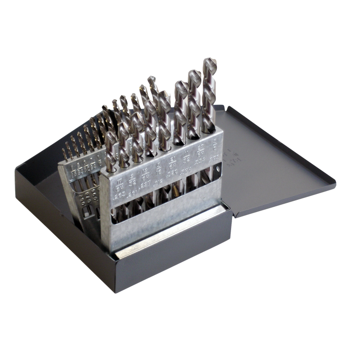 Chicago Latrobe 150L Left-Hand Reverse Flute High-Speed Steel Jobber Length Drill Bit Set, Uncoated, 118 Degree Conventional Point, 21 Piece Set