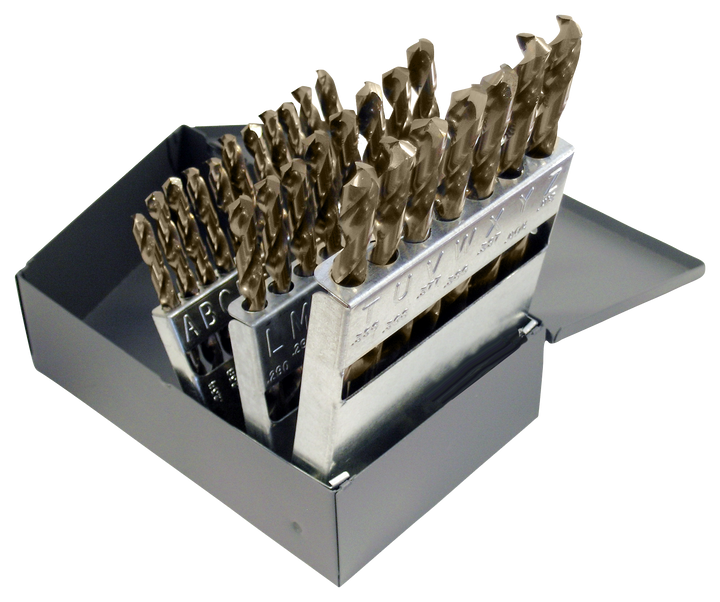 Chicago Latrobe 550 Series Cobalt Steel Jobber Length Drill Bit Set With Metal Case, Gold Oxide Finish, 135 Degree Split Point, Letter Size, A - Z, 26 Piece Set