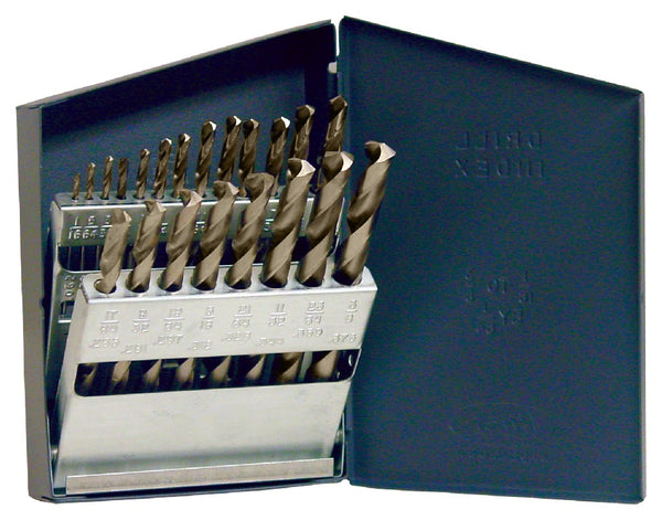 Chicago Latrobe 550 Series Cobalt Steel Jobber Length Drill Bit Set With Metal Case, Gold Oxide Finish, 135 Degree Split Point, Inch, 1/16 in. - 3/8 in. in 1/64 in. increments, 21 Piece Set