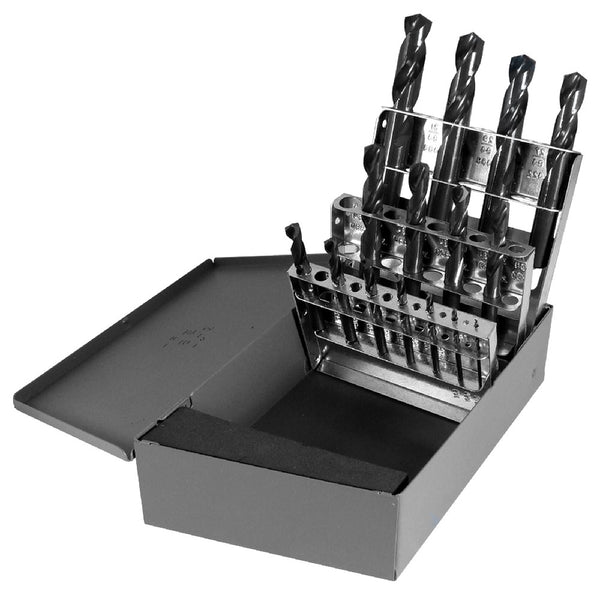Chicago Latrobe 159 Series High-Speed Steel Short Length Drill Bit Set In Metal Case, Black Oxide Finish, 135 Degree Split Point, Inch, 15-piece, 1/16 in. - 1/2 in. in 1/32 in. increments