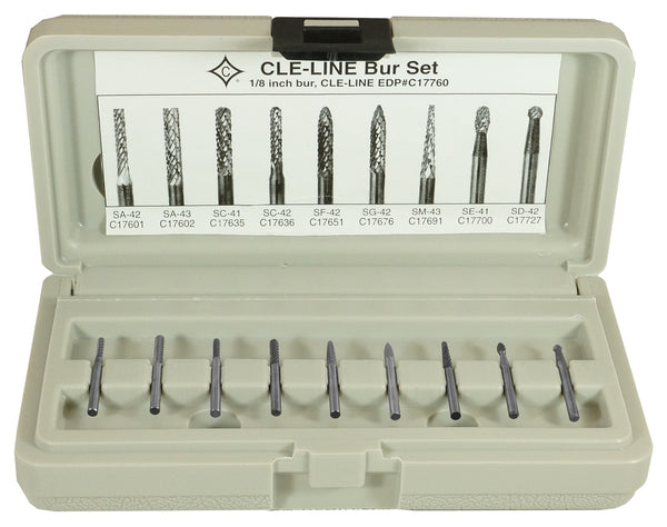 Cle-Line C17760 3/32 in. and 1/8 in. Diameters Standard Cut Carbide Burr Set with 1/8 in. Carbide Shanks, 9 Piece Set