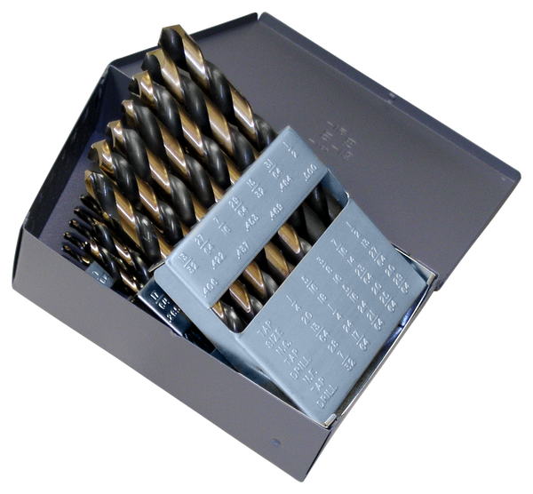 Cle-Line C18122 Style 1879 High Speed Steel 135° Heavy-Duty Jobber Length Drill Set, Black and Gold Finish, 1/16" - 1/2" Size, 29 Piece Set