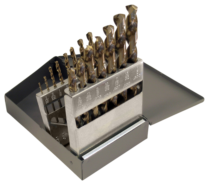 Cle-Line C21112 135 Degree Heavy-Duty Cobalt Jobber Length Drill Set in Metal Case, 15 Piece Set