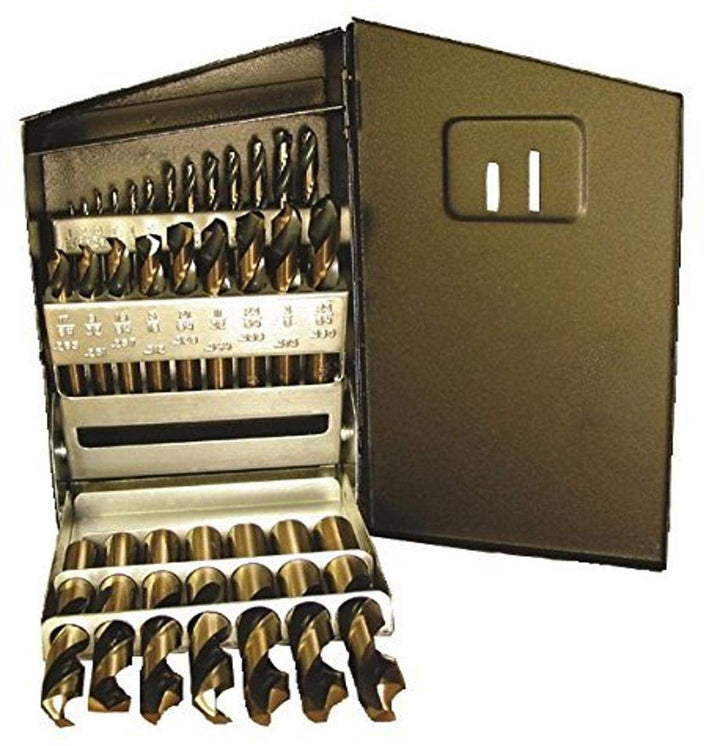 Viking Drill and Tool 66490 Black/Gold Oxide Hi-Molybdenum Steel 135 Degree Split Point Screw Machine Length Drill, 29 Piece Set