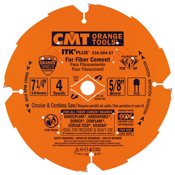 CMT 236.004.07 ITK PLUS Diamond Saw Blade for Fiber Cement Products, 7-1/4-Inch x 4 Trapezoidal Teeth with 5/8-Inch<>Bore, PTFE Coating