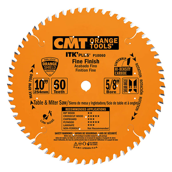 CMT P10060 ITK Plus Finish Saw Blade, 10 x 60 Teeth, 10° ATB+Shear with 5/8-Inch bore