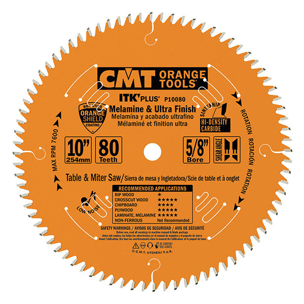 CMT P10080 5/8" Bore ITK Melamine & Ultra Finish Saw Blade, 10" x 80 Teeth