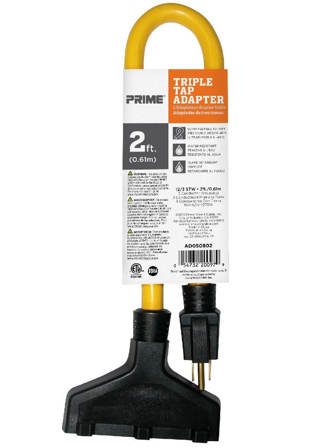 Prime AD050802 2ft. 12/3 STW Yellow Triple-Tap Adapter