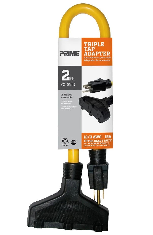 Prime AD050802 2ft. 12/3 STW Yellow Triple-Tap Adapter