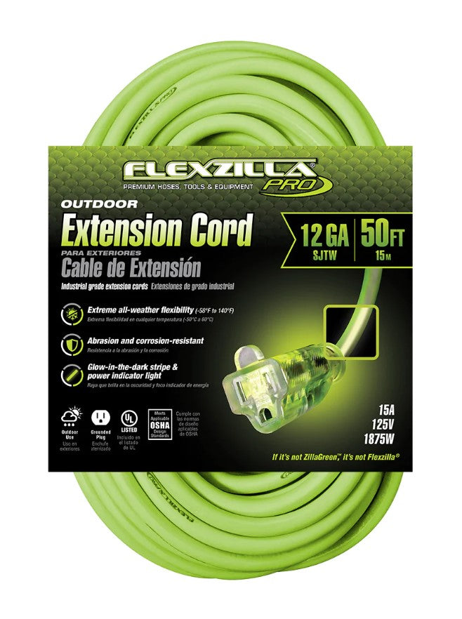 Prime FZ512830 50ft. 12/3 SJTW Flexzilla Green Outdoor Ext Cord w/ Green Power Indicator Light