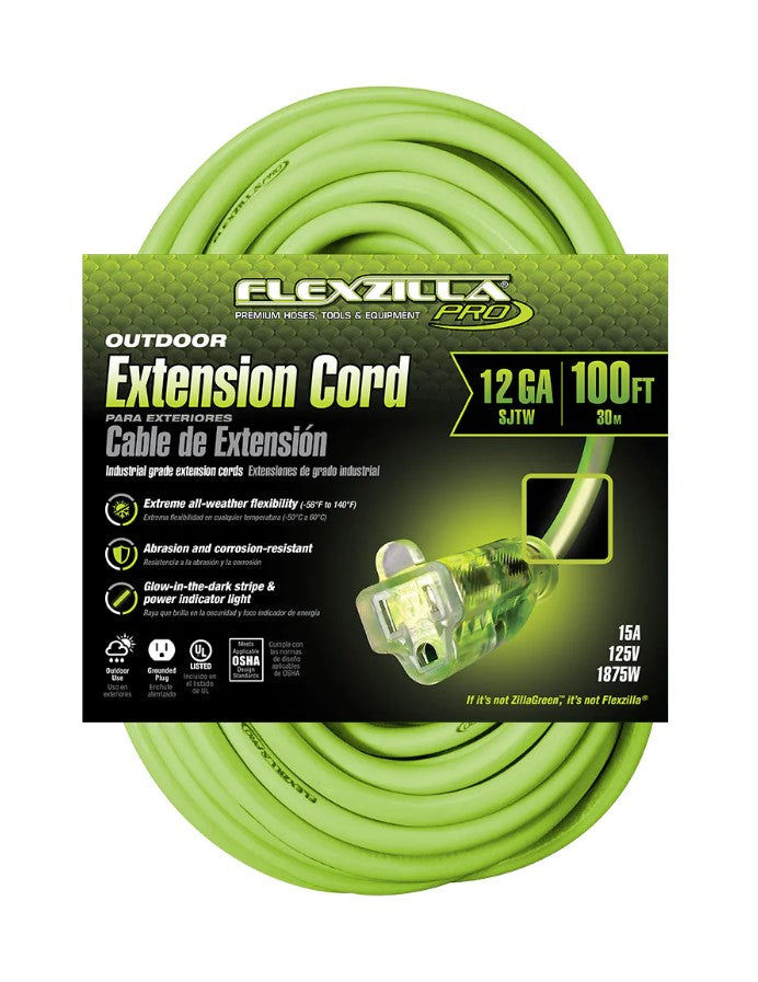 Prime FZ512835 100ft. 12/3 SJTW Flexzilla Green Outdoor Ext Cord w/ Green Power Indicator Light