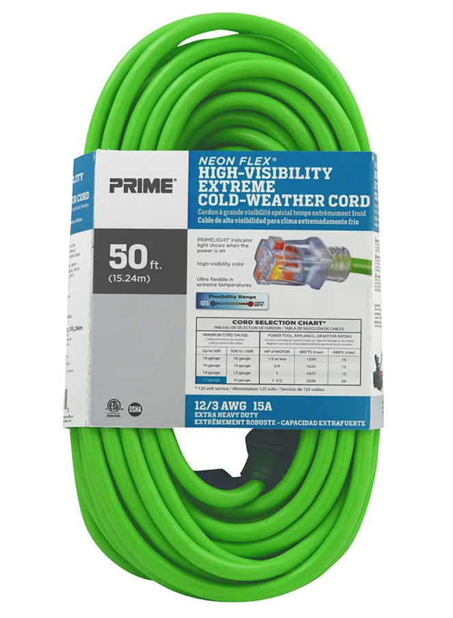 Prime NS512830 50ft. 12/3 SJTW -50°C Green Hi-Visibility Outdoor Extension Cord w/Primelight Indicator Light