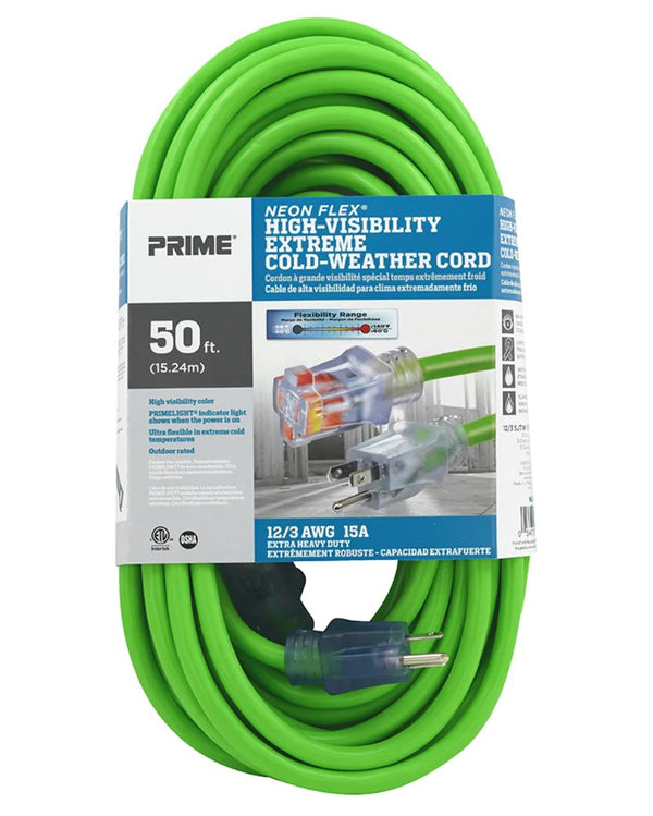 Prime NS512830 50ft. 12/3 SJTW -50°C Green Hi-Visibility Outdoor Extension Cord w/Primelight Indicator Light