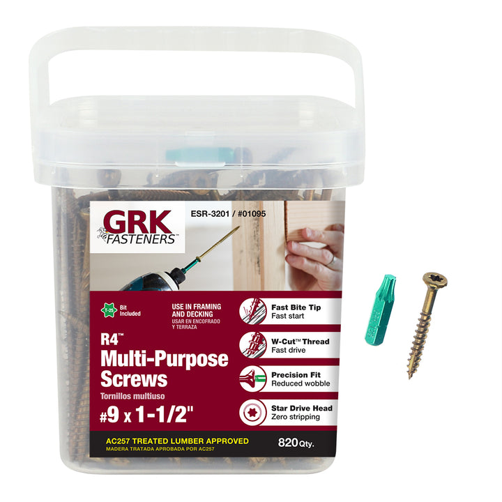 GRK Screws 01095 #9x1-1/2 Star Drive Bugle Head Climatek Coated Steel R4 Multi-Purpose Screws, 820/Box