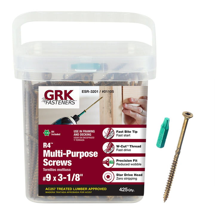 GRK Screws 01105 #9x3-1/8 Star Drive Bugle Head Climatek Coated Steel R4 Multi-Purpose Screws, 425/Box