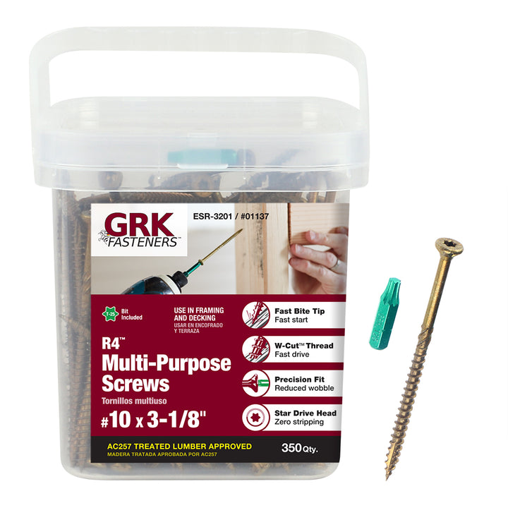 GRK Screws 01137 #10x3-1/8 Star Drive Bugle Head Climatek Coated Steel R4 Multi-Purpose Screws, 350/Box