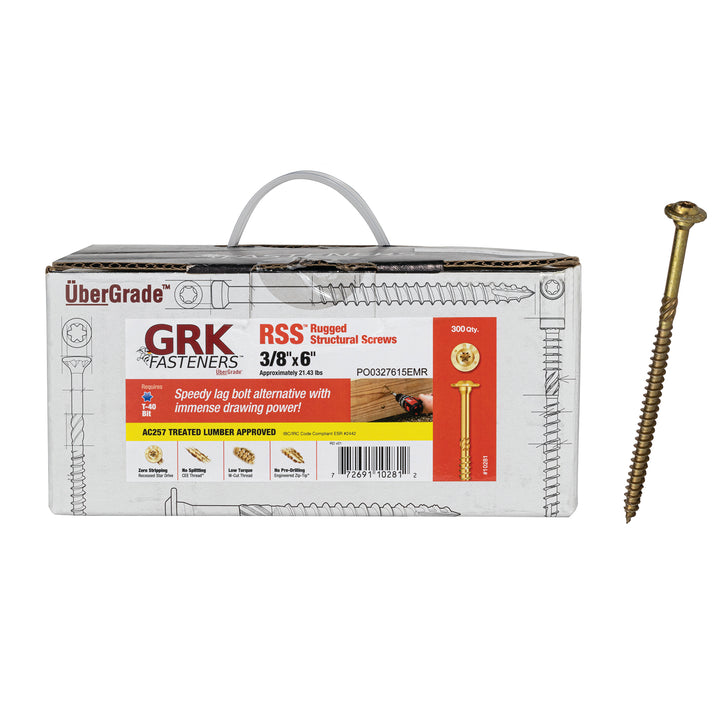 GRK Screws 10281 3/8x6 Star Drive Washer Head Climatek Coated Steel RSS Rugged Structural Screws, 300/Box