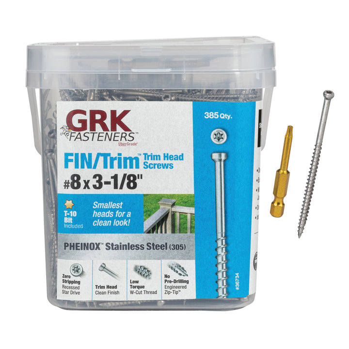 GRK Screws 36734 #8x3-1/8 Star Drive Trim Head 305 Stainless Steel FIN/Trim Screws, 385/Box