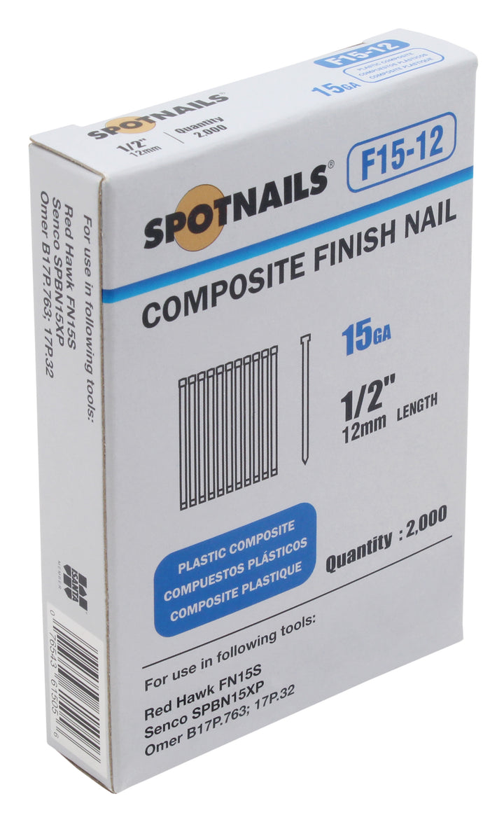 Spotnails F15-12 15GA 1/2" Leg Composite Finish Nails 2000 Count