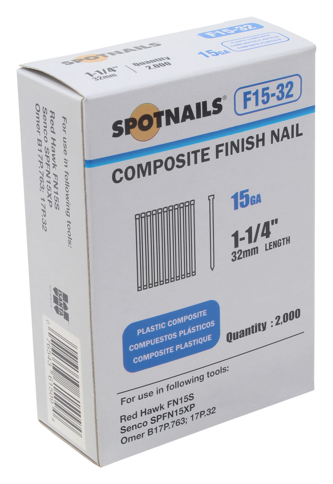 Spotnails F15-32 15GA 1-1/4" Plastic Composite Finish Nail, 2000ct