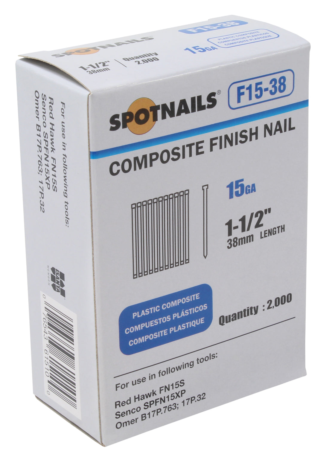 Spotnails F15-38 15GA 1-1/2" Plastic Composite Finish Nail, 2000ct