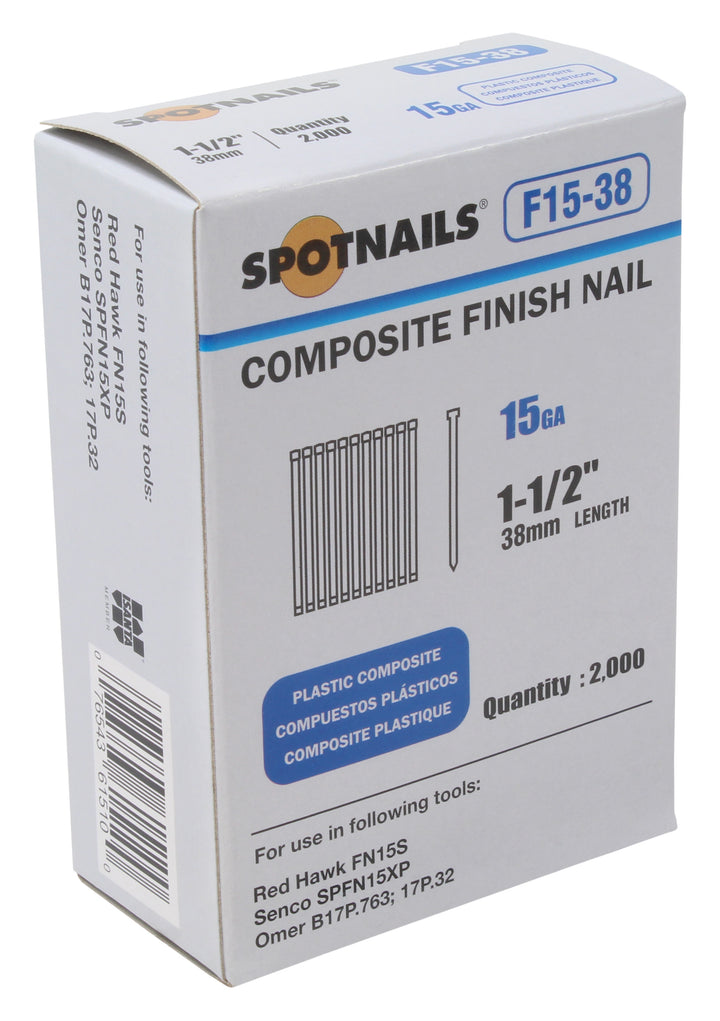 Spotnails F15-38 15GA 1-1/2" Plastic Composite Finish Nail, 2000ct