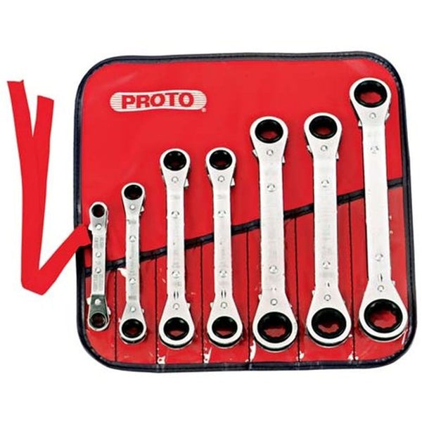 Stanley Proto J1180MA 6 and 12 Point Full Polish Alloy Steel Offset Double Reversible Ratcheting Box Wrench, 7 Piece Set