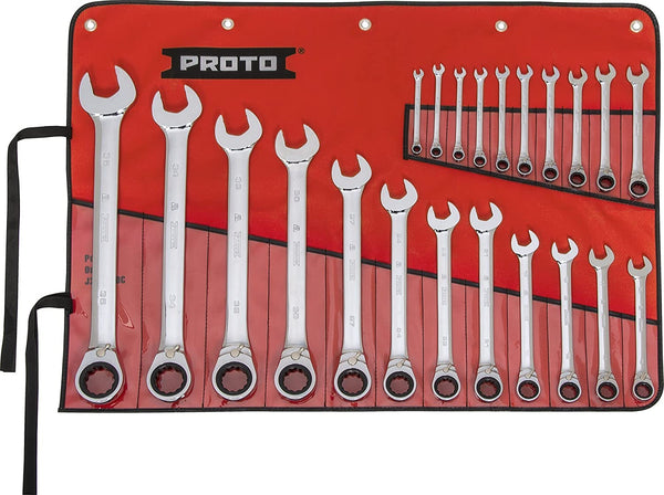 Stanley Proto JSCVMT-22S 12 Point Full Polish Alloy Steel Reversible Ratcheting Combination Wrench, 22 Piece Set