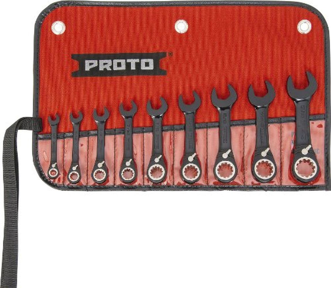 Stanley Proto JSCVS-9S 12 Point Black Chrome Alloy Steel Reversible Ratcheting Combination Wrench, 9 Piece Set