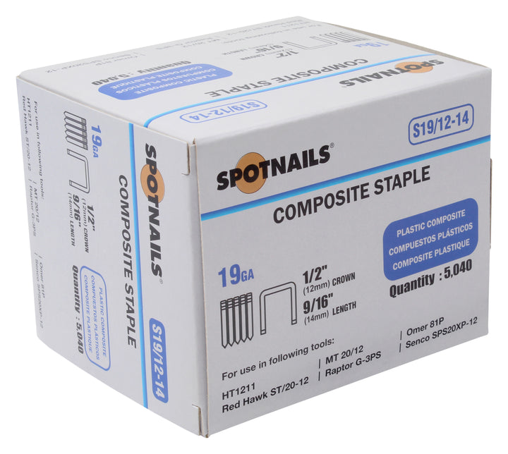 Spotnails S19/12-14 19GA 1/2" Crown X 9/16" Leg Composite Staples 5040 Count